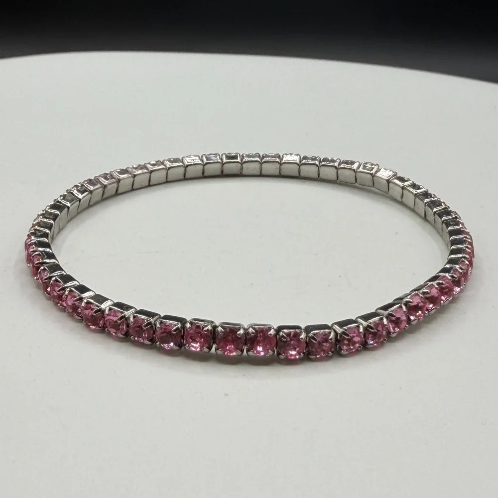 Pink Rhinestone Stretch Bracelet Ring Set Silver Tone Coquette Y2K Sparkle Gift